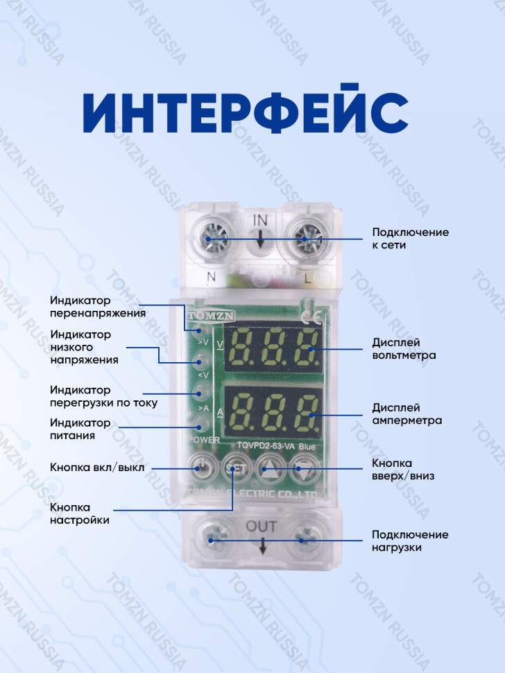 Реле контроля напряжения TOMZN TOVPD2-63-VA с синей подсветкой и прозрачным корпусом / Защита от пер