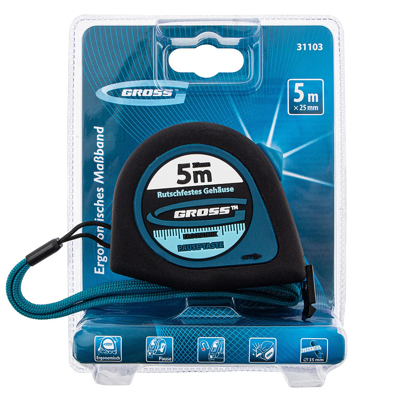 Рулетка Gross "Ergonomisch", 5 м x 25 мм, магнитный обрезиненный зацеп.