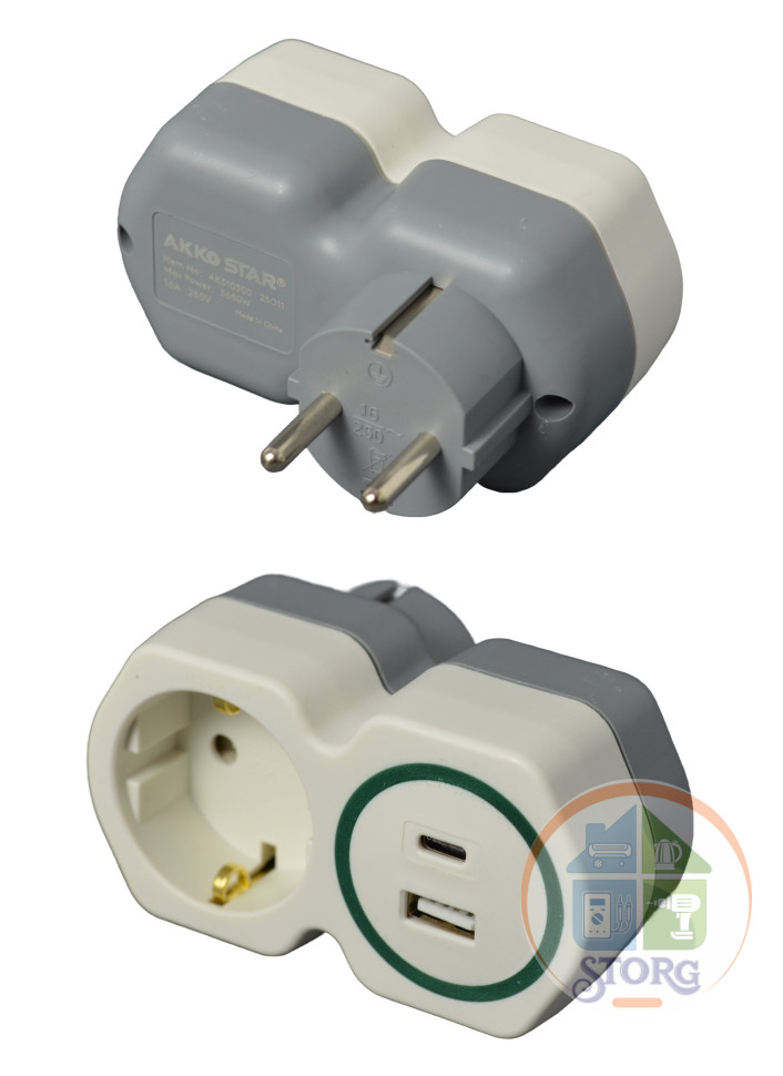 Разветвитель розетки AKKOSTAR Евро-тройник (розетка+USB3.0+Typec) Quick Charge