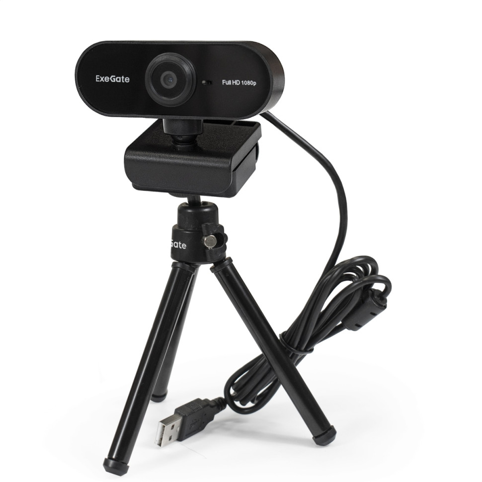 Веб-камера ExeGate EX287379RUS Stream C925 FullHD T-Tripod (матрица 1/3" 2 Мп, 1920х1080, 1080P, 30fps, 4-линзовый объектив, шторка, фиксированный фокус, USB, микрофон с шумоподавлением, поворотное крепление, телескопический штатив Tripod Tele Ball, кабел