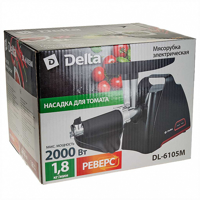 Мясорубка электрическая DELTA DL-6105M (Черн/Красн;Мощность 2000Вт;Реверс;Насадка для колбас/кеббе)