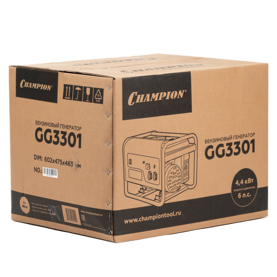 Генератор бензиновый Champion GG3301 (2.8/3.1кВт, 220В, 4-такт., ручной, AVR, бак 16л)