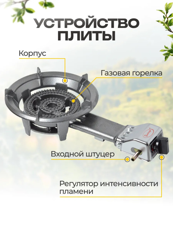 Плита газовая портативная "Умница" ПГЧ-1 (макс.нагруз.40кг, 6кВт, чугун, пьезор., сжиж.пропан/бутан)