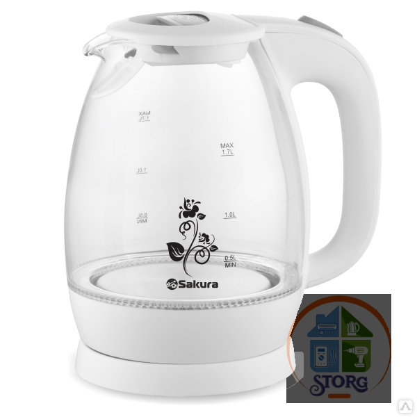 Чайник электрический SAKURA SA-2715W (Белый; Объем 1.7л; Мощность 1850-2200Вт; Стеклянный;Подсветка)