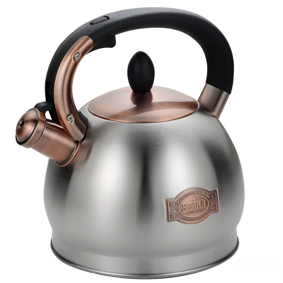 Чайник металлический со свистком на газ KELLI KL-4563, 3л, термоиз. ручка, нержавеющая сталь
