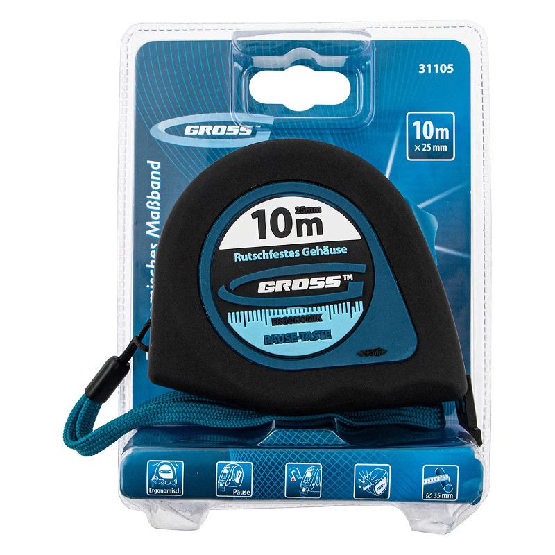 Рулетка Gross "Ergonomisch",10 м x 25 мм, магнитный обрезиненный зацеп.