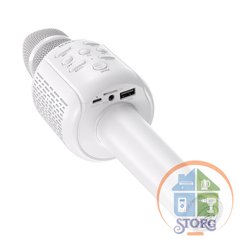 Караоке микрофон BOROFONE BF1 Rhyme BT V5.0, батарея 1200mAh, поддержка режимов воспроизведения TF карта, USB флеш накопитель, многофункциональный бел