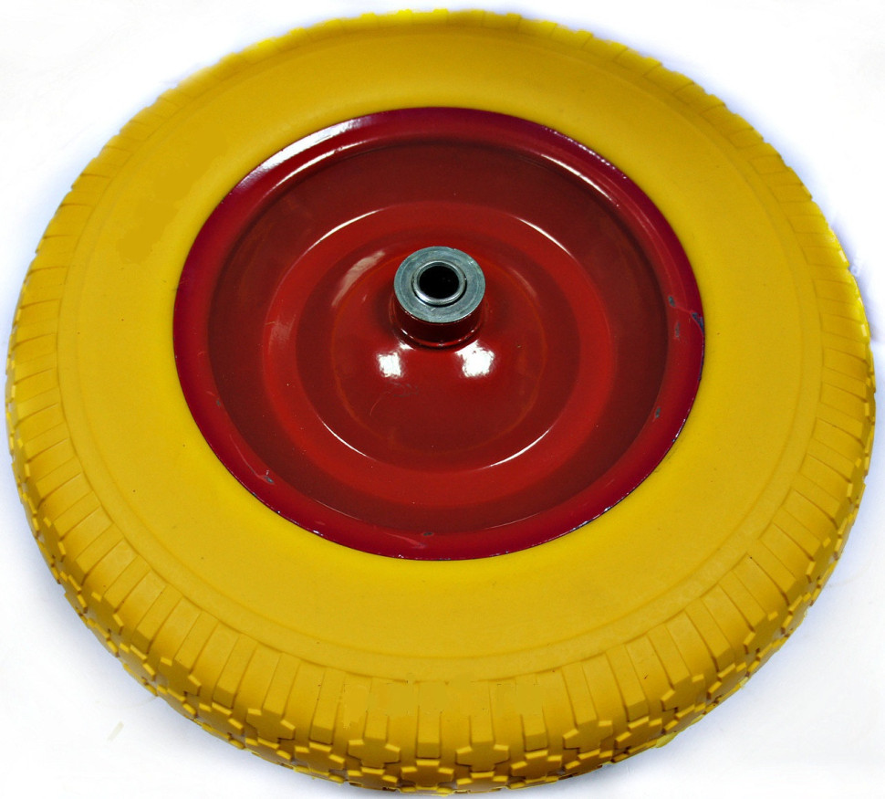 Колесо для строительной тачки PU1602 (16"х 4,00-8 20/90мм) диск сварной, оранжевое, полиуретановое