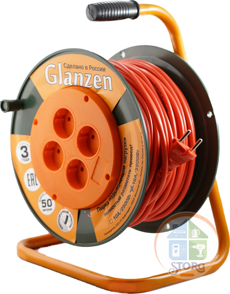Удлинитель силовой на катушке GLANZEN 4 гн. ПВС 2х1,5 арт. EB-50-006