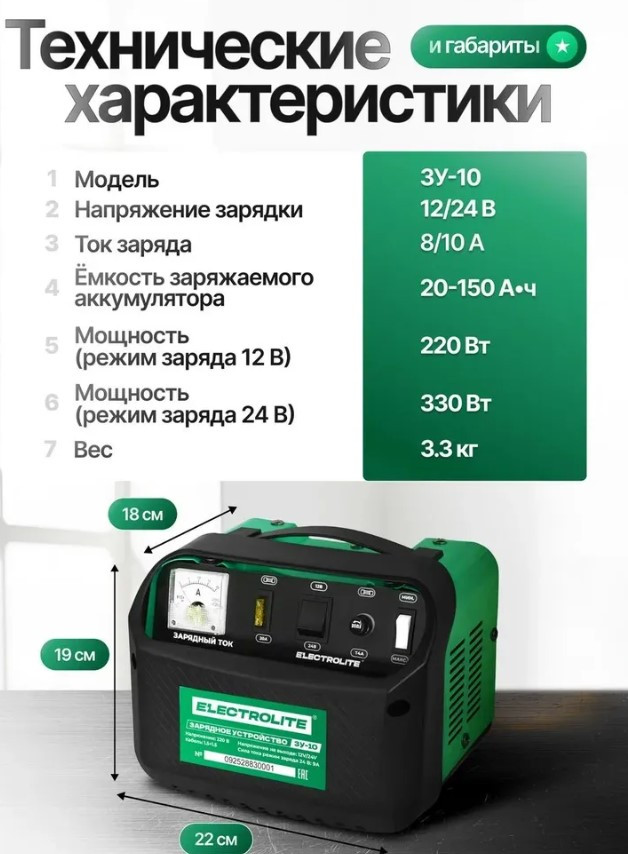 Зарядное устройство ELECTROLITE ЗУ-10 (Вых. напр.-6/12В, Зар. ток-3,5/5А)