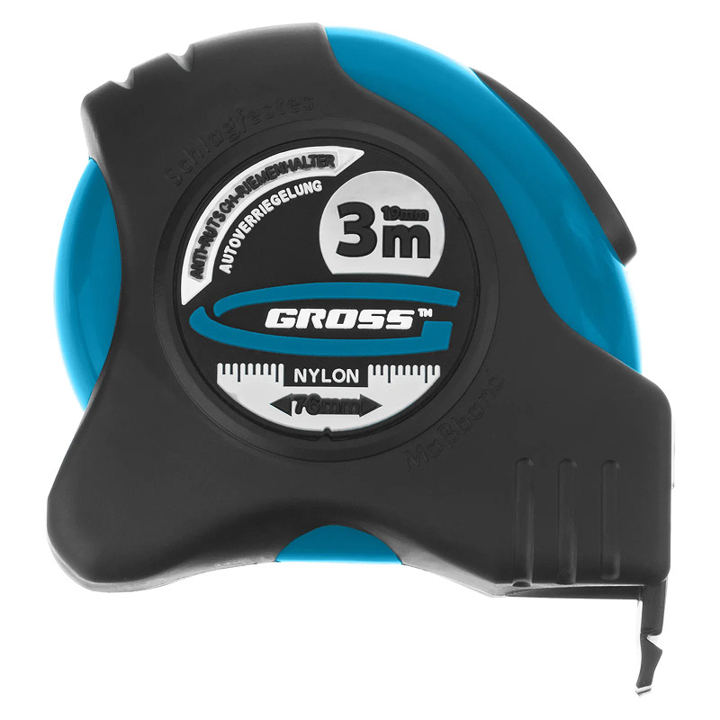 Рулетка Gross "Schlagfest", 3 м x 19 мм, магн. обрез зацеп, двухст. шкала, нейлон покр. автоматич.