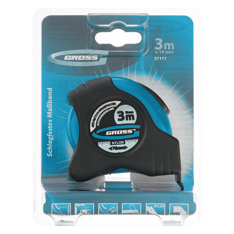 Рулетка Gross "Schlagfest", 3 м x 19 мм, магн. обрез зацеп, двухст. шкала, нейлон покр. автоматич.