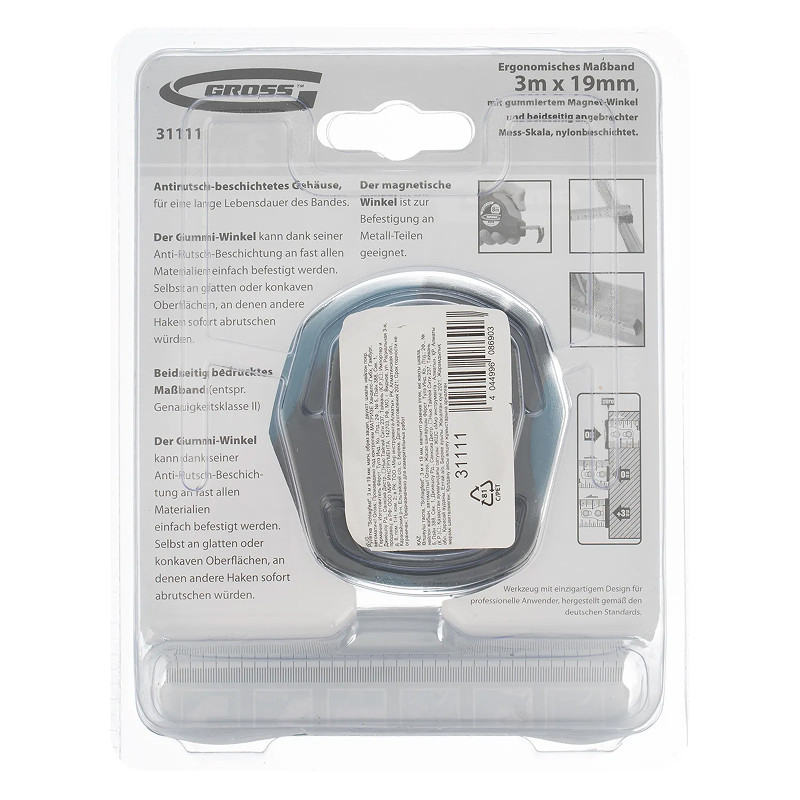 Рулетка Gross "Schlagfest", 3 м x 19 мм, магн. обрез зацеп, двухст. шкала, нейлон покр. автоматич.