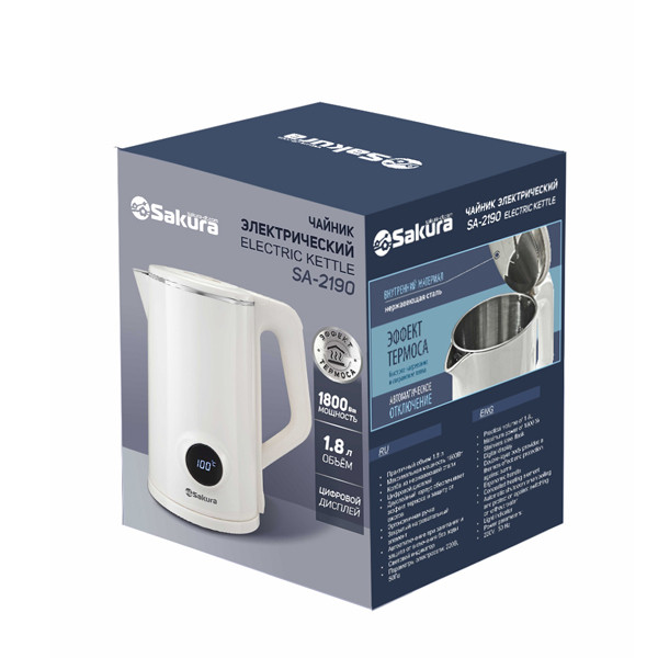 Чайник электрический SAKURA SA-2190DW, Белый, 1.8л, 1500-1800Вт, LCD дисплей, нерж.сталь/пластик Чайник электрический SAKURA SA-2190DW, Белый, 1.8л, 1500-1800Вт, LCD дисплей, нерж.сталь/пластик