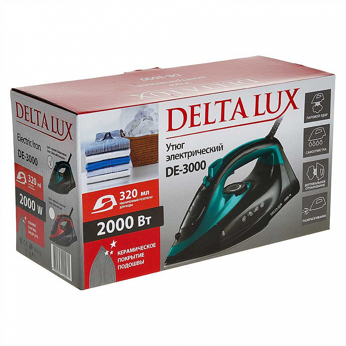 Утюг DELTA LUX DE-3000, черный с бирюзовым, 2000 Вт, КЕРАМИКА, САМООЧИСТКА, ПАРОВОЙ УДАР, 320мл (10)