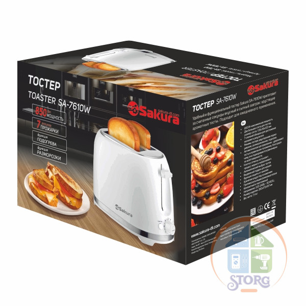 Тостер SAKURA SA-7610W, белый, 850Вт, 7 режимов, лоток для крошек