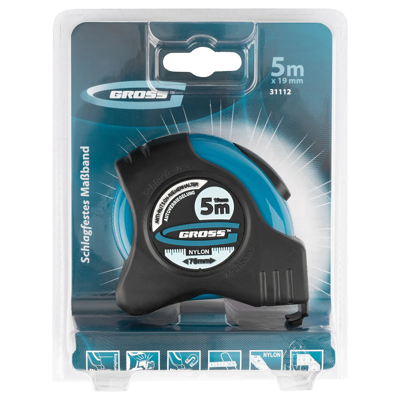 Рулетка Gross "Schlagfest", 5 м x 19 мм, магн. обрез зацеп, двухст. шкала, нейлон покр. автоматич.