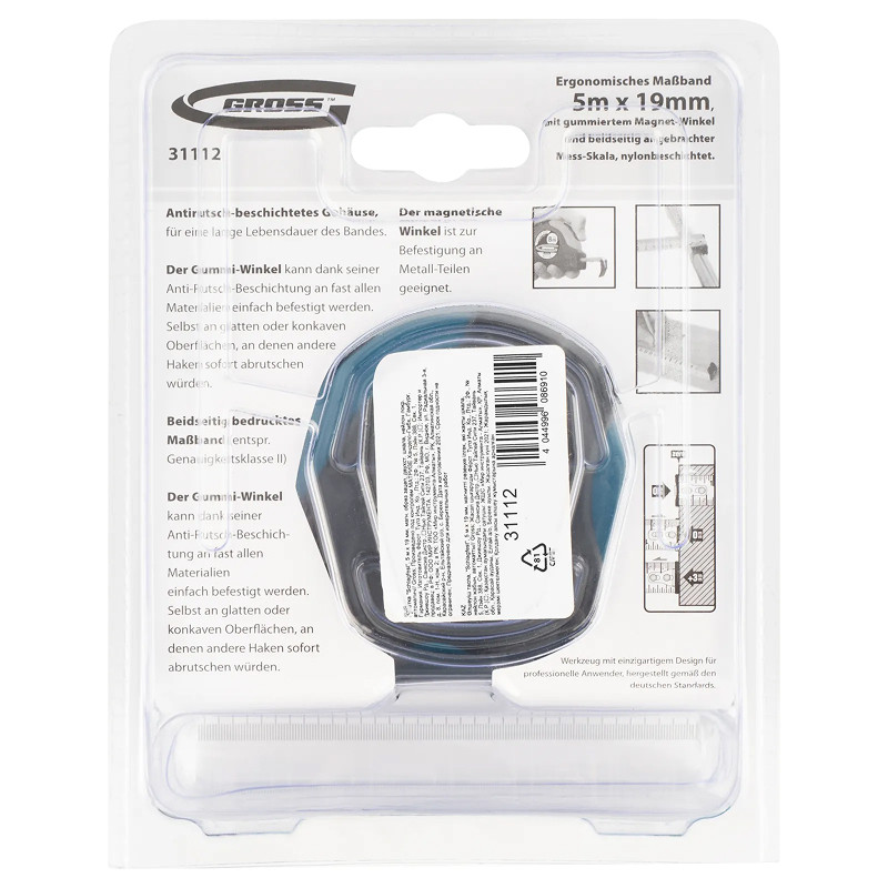 Рулетка Gross "Schlagfest", 5 м x 19 мм, магн. обрез зацеп, двухст. шкала, нейлон покр. автоматич.