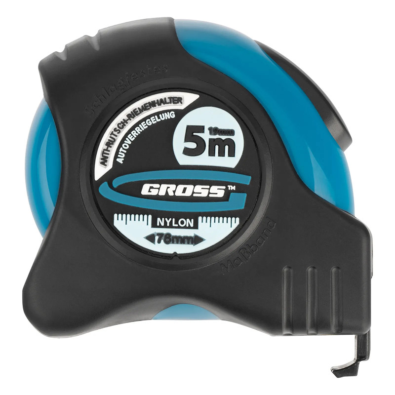 Рулетка Gross "Schlagfest", 5 м x 19 мм, магн. обрез зацеп, двухст. шкала, нейлон покр. автоматич.