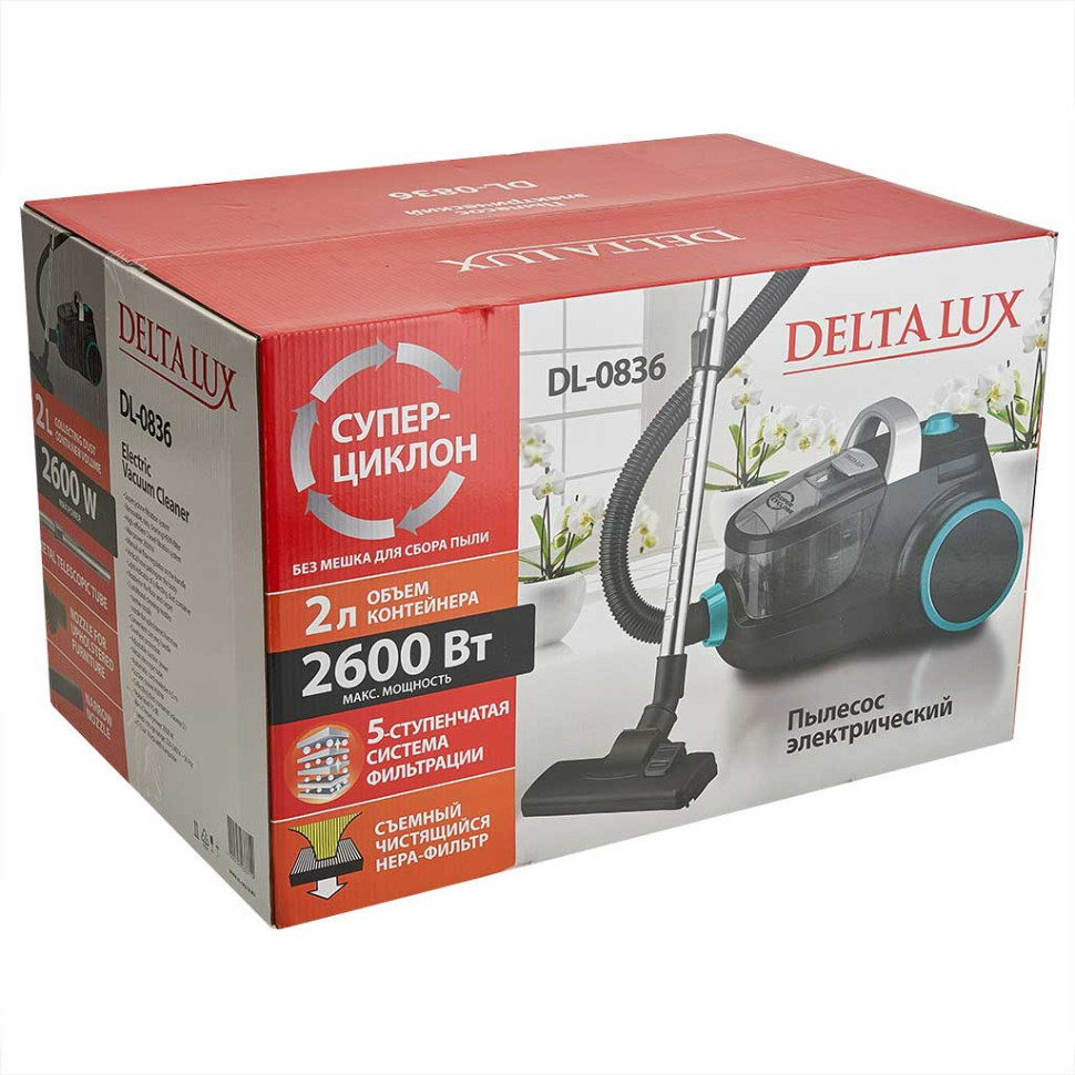 Пылесос DELTA LUX DL-0836 СУПЕР-ЦИКЛОН, Черный с бирюзовым, 2600Вт, регулир. мощности