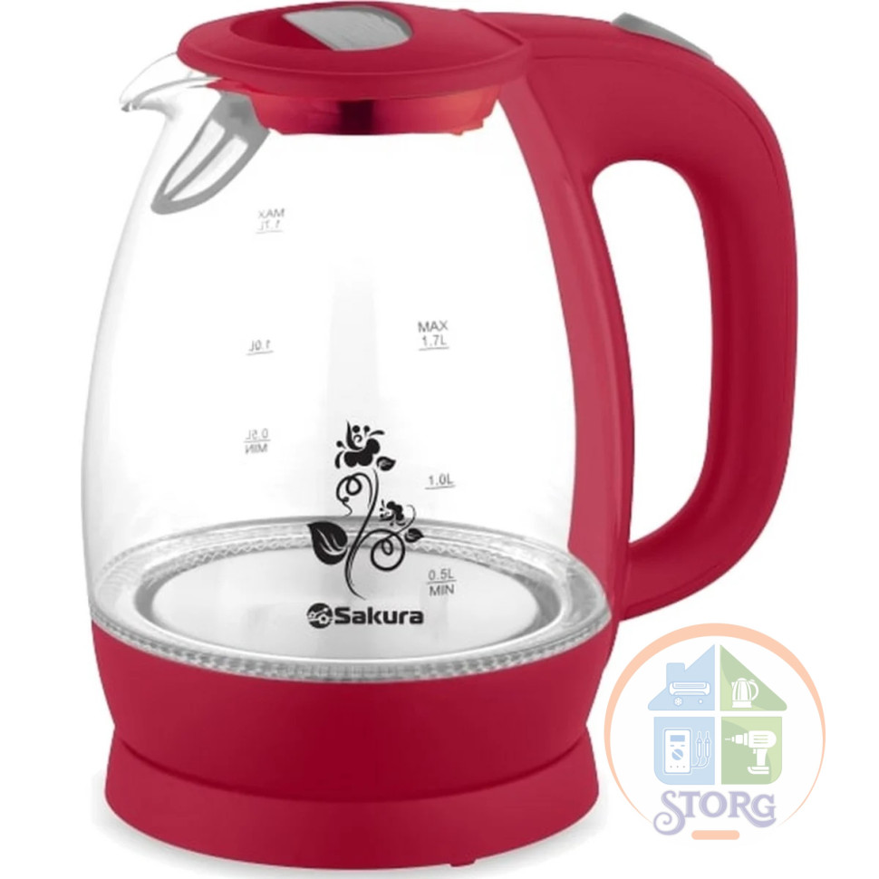 Чайник электрический SAKURA SA-2715R (Красный; Объем 1.7л;Мощность 1850-2200Вт; Стекло; Подсветка)