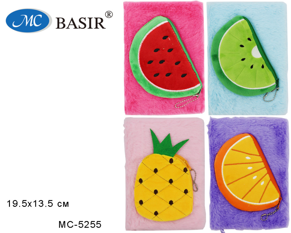 Блокнот BASIR "ФРУКТЫ" 64л. 19,5*13,5 см. меховая обл. велюр.карман , бл.линейка, ассорти (МС-5255) (1/96)