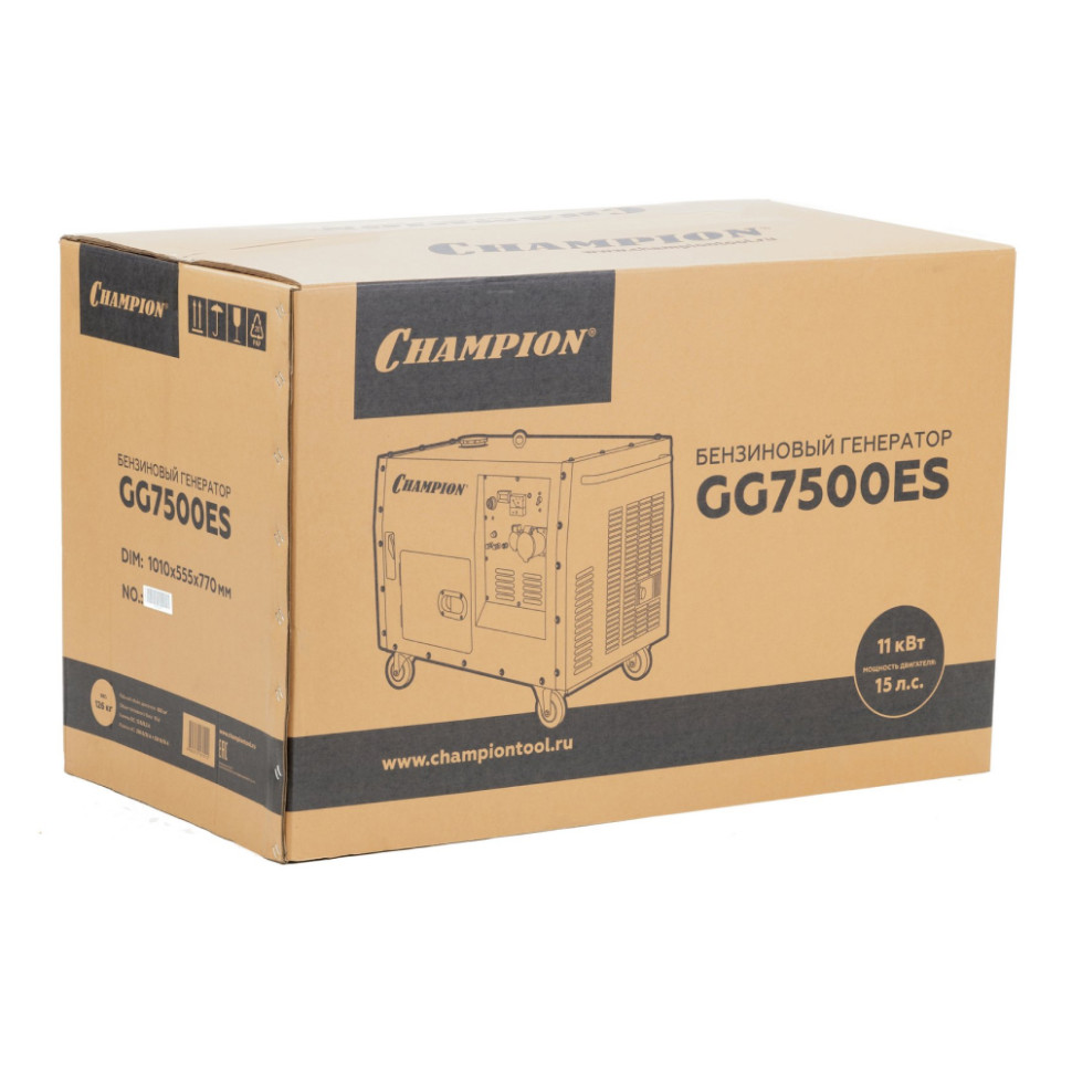 Генератор бензиновый Champion GG7500ES (5.5/6кВт,1фаза,4такт., руч./эл.старт, мед.обм.,колеса,шумзащита) Генератор бензиновый Champion GG7500ES (5.5/6кВт,1фаза,4такт., руч./эл.старт, мед.обм.,колеса,шумзащита)