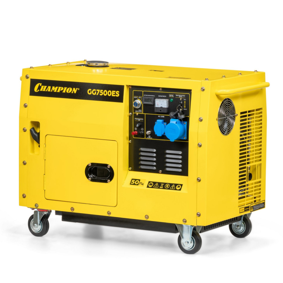 Генератор бензиновый Champion GG7500ES (5.5/6кВт,1фаза,4такт., руч./эл.старт, мед.обм.,колеса,шумзащита) Генератор бензиновый Champion GG7500ES (5.5/6кВт,1фаза,4такт., руч./эл.старт, мед.обм.,колеса,шумзащита)