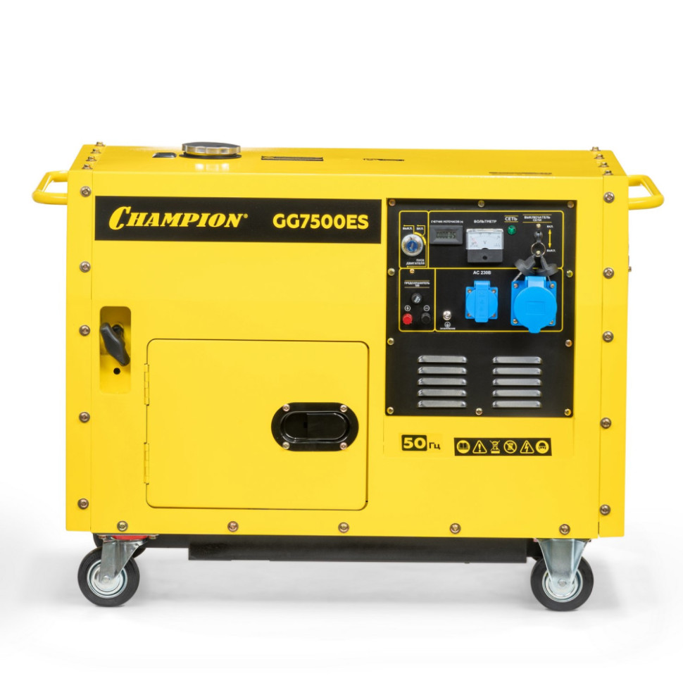 Генератор бензиновый Champion GG7500ES (5.5/6кВт,1фаза,4такт., руч./эл.старт, мед.обм.,колеса,шумзащита) Генератор бензиновый Champion GG7500ES (5.5/6кВт,1фаза,4такт., руч./эл.старт, мед.обм.,колеса,шумзащита)