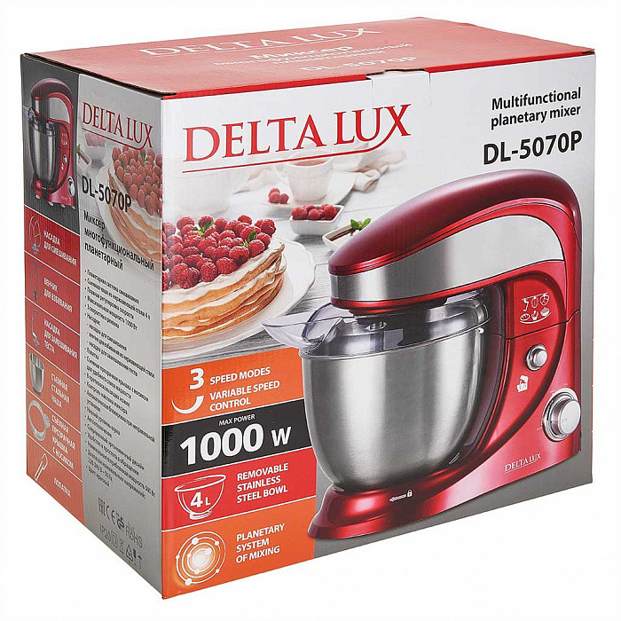 Миксер планетарный DELTA LUX DL-5070Р, красный, 1000Вт, чаша из нерж.стали 4л