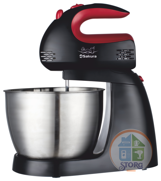 Миксер с чашей SAKURA SA-6321CSB, черный/красный, 400Вт, объем 3л, 5 режимов, венчик, крюки