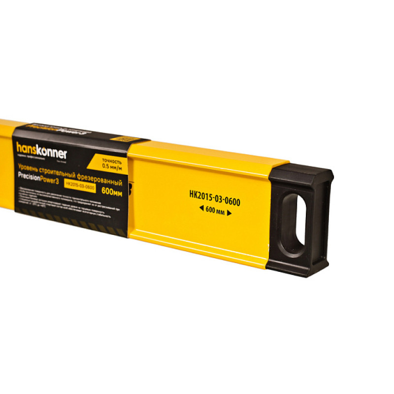 Уровень алюминиевый Hanskonner HK2015-03-0600, 600мм, 2 колбы, фрезерованный, точность 0.5 мм/м