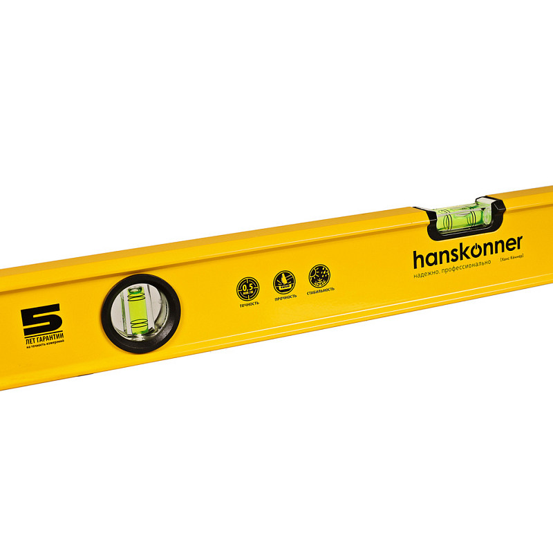 Уровень алюминиевый Hanskonner HK2015-03-0600, 600мм, 2 колбы, фрезерованный, точность 0.5 мм/м