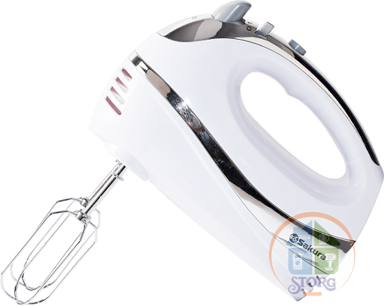 Миксер ручной SAKURA SA-6309W, белый, 300Вт, 5 скоростей, Турбо-режим, 2 венчика, 2 крюка