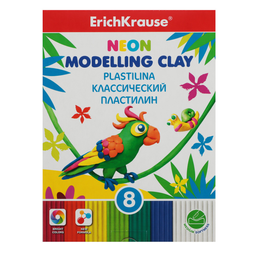 Пластилин 8 штук Erich Krause, 144г., 6 ярких цветов + 2 белых, со стеком, "Неон", 53405