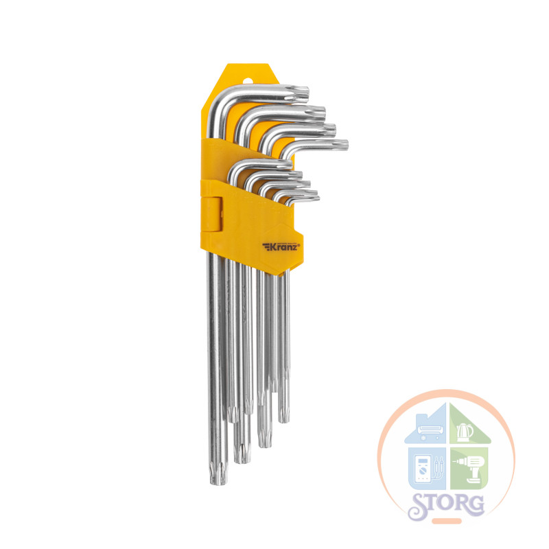 Набор ключей имбусовых Tamper-Torx KRANZ 9 шт., ТТ10-ТТ50, закаленные, удлиненные, никель