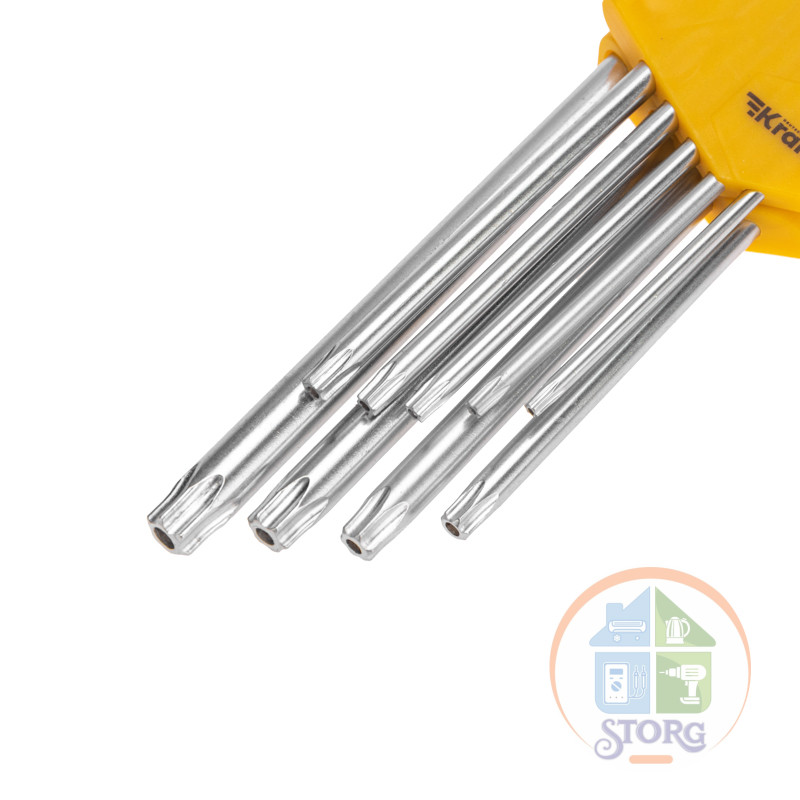 Набор ключей имбусовых Tamper-Torx KRANZ 9 шт., ТТ10-ТТ50, закаленные, удлиненные, никель