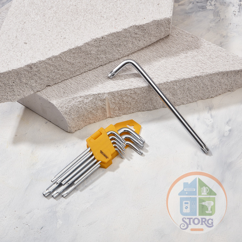Набор ключей имбусовых Tamper-Torx KRANZ 9 шт., ТТ10-ТТ50, закаленные, удлиненные, никель