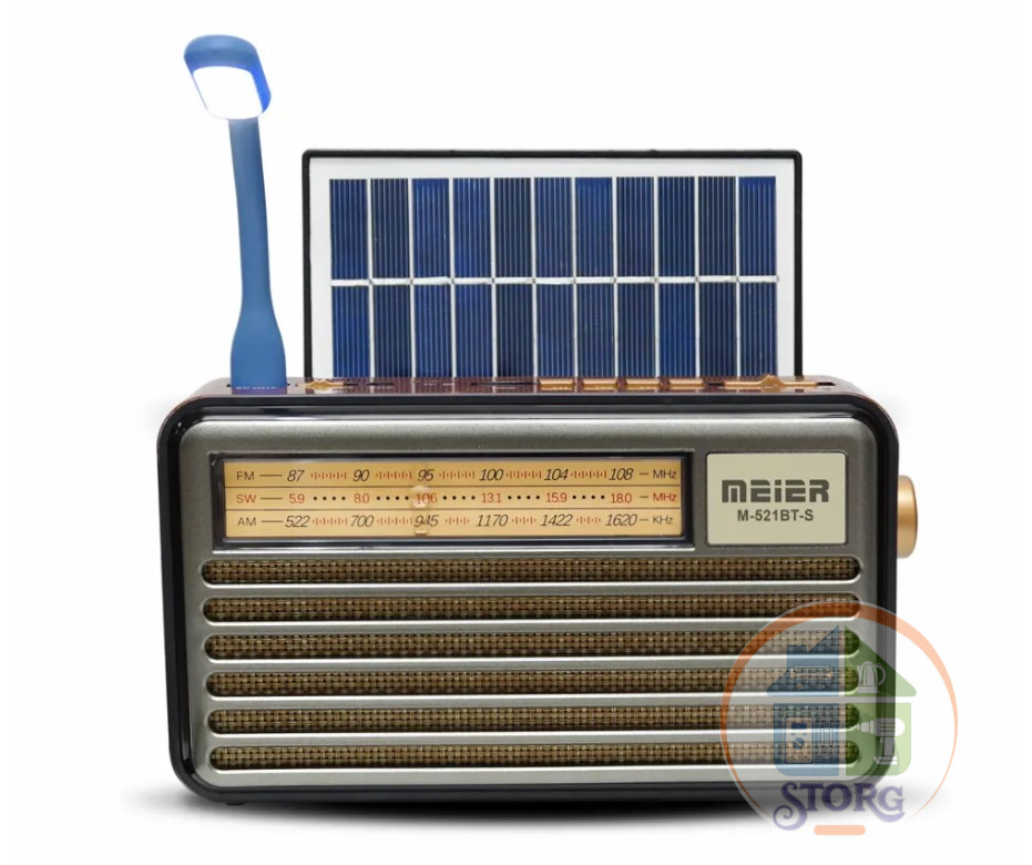Радиоприемник MEIER M-521BT-S Bluetooth+USB+SD+солнечная зарядка+аккумулятор "18650"