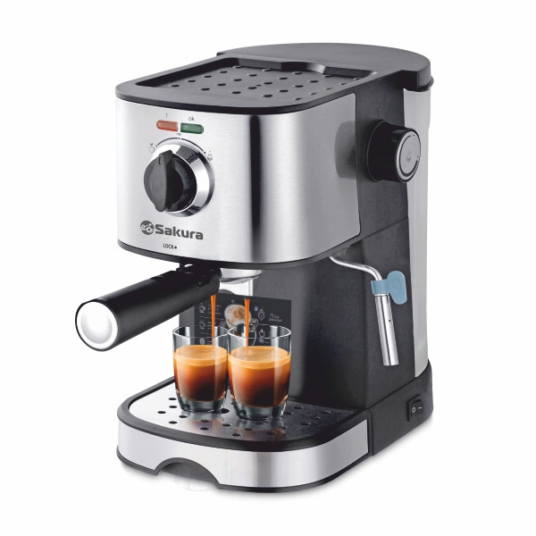 Кофеварка рожковая SAKURA SA-6113, черный/металлик, объем 1.0л, давление помпы 15 бар, 850Вт