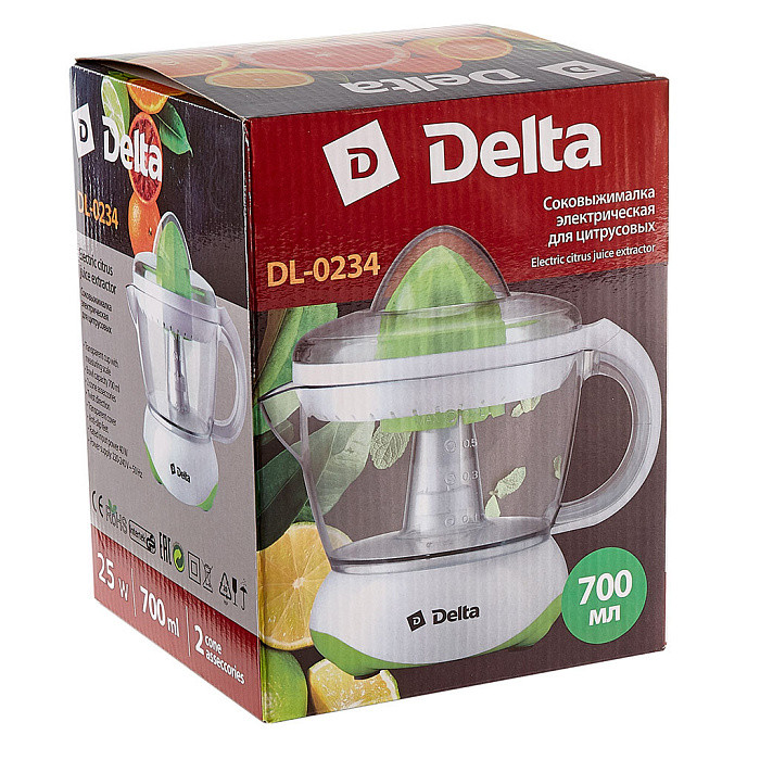 Соковыжималка DELTA DL-0234, белый с зеленым, 25 Вт, емкость для сока 700 мл (12)