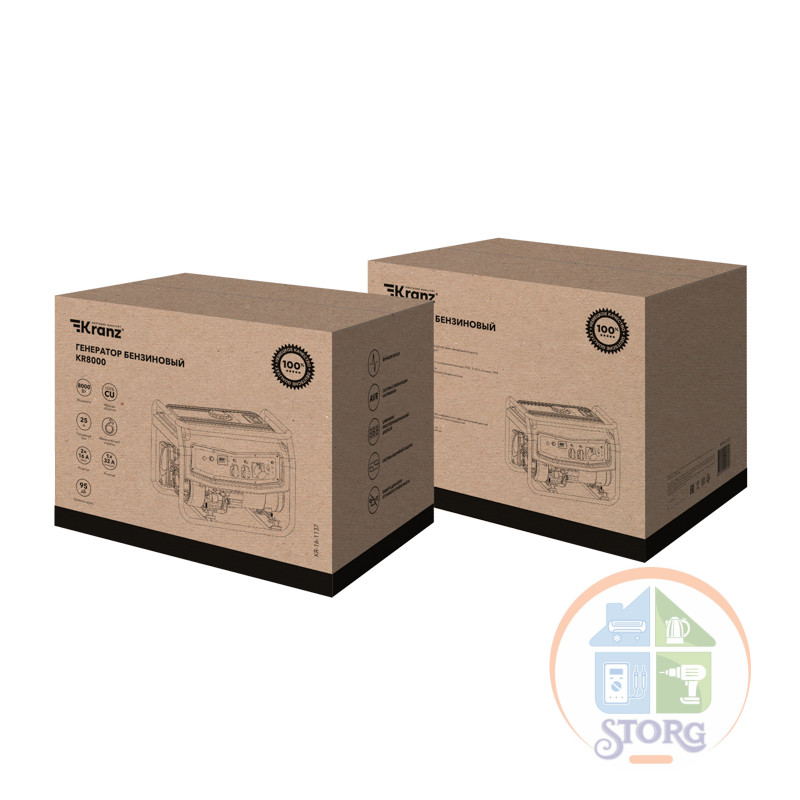 Генератор бензиновый KRANZ KR8000, 8кВт, 230В, 25л, ручной старт