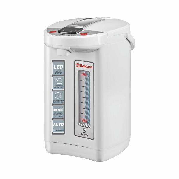 Термопот SAKURA SA-1365W, белый, 5,0л LED сенс,  6 темп, повт.кипяч. автоблок. подсветка