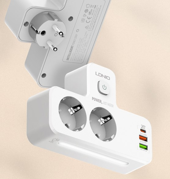СЗУ + ночник LDNIO SE2337 2  розетки + LED Ночник/ 2500W/ 3 USB: QC 3.0+PD 3.0 20W/ White