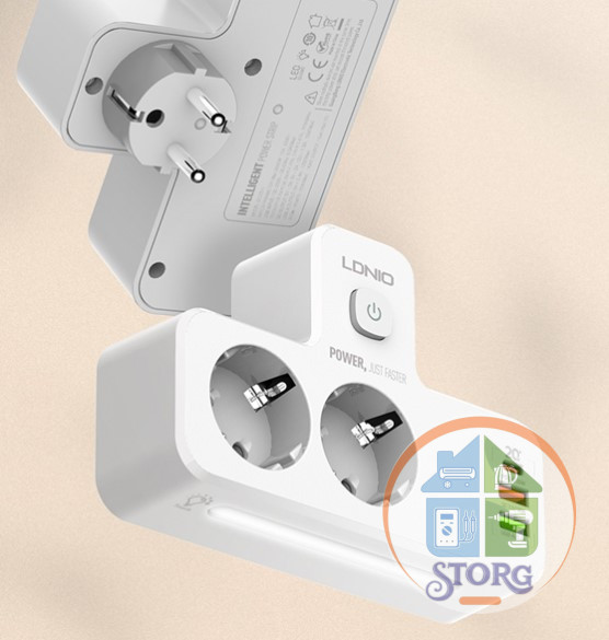 СЗУ + ночник LDNIO SE2337 2  розетки + LED Ночник/ 2500W/ 3 USB: QC 3.0+PD 3.0 20W/ White