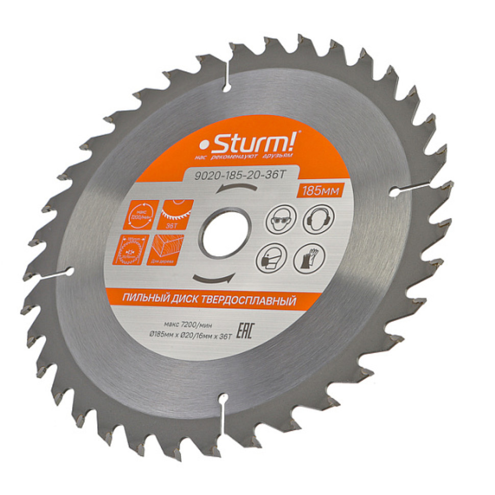 Диск пильный Sturm! 9020-185-20-36T, 185×20мм, 36 зубьев, с переходным кольцом на 16мм Диск пильный Sturm! 9020-185-20-36T, 185×20мм, 36 зубьев, с переходным кольцом на 16мм