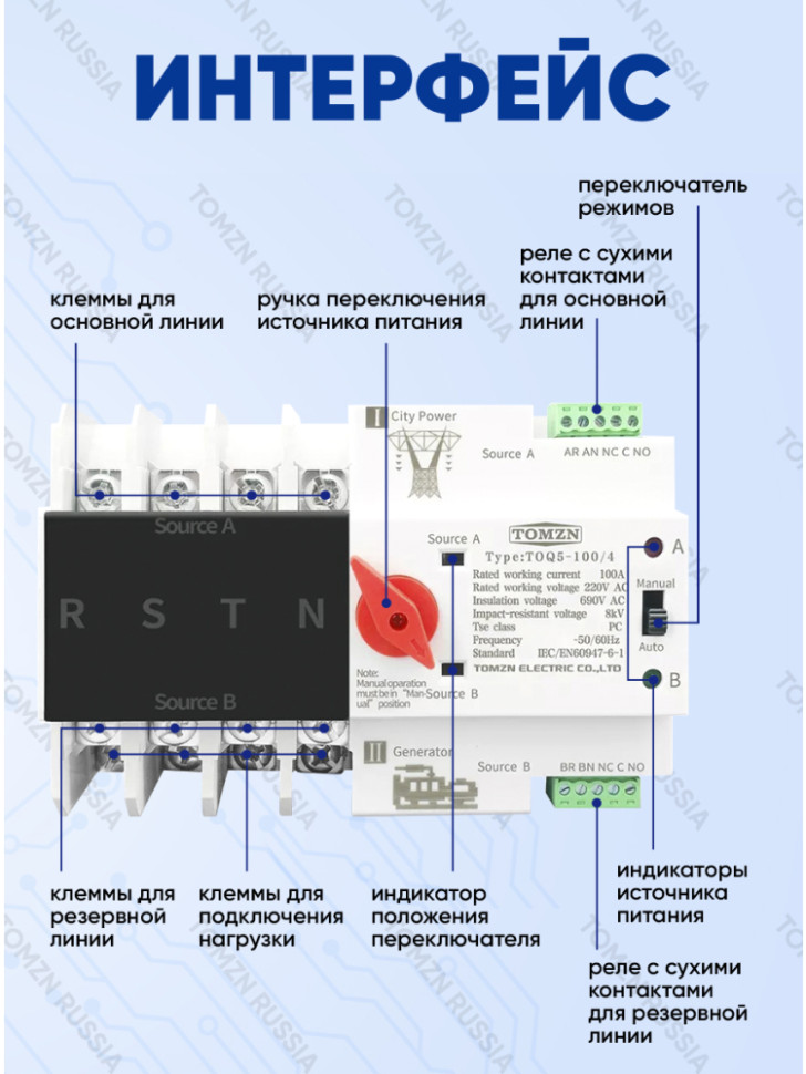 Устройство автоматического ввода резерва TOMZN TOQ5-100/4P АВР на 100А трёхфазное