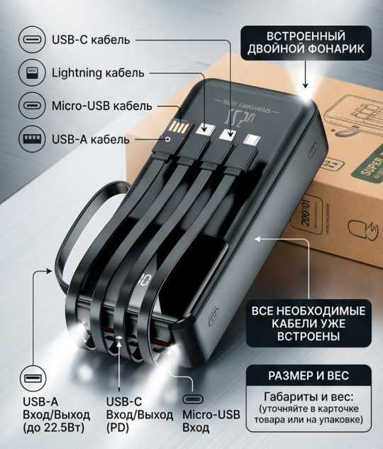 Внешний аккумулятор (Power Bank) Tofura TL32, 30000мАч, 22.5Вт, Li‑Pol, 2-й фонарик