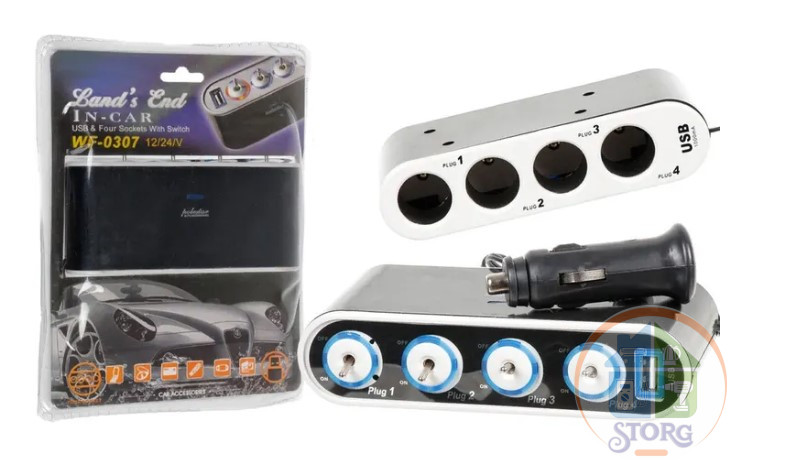 Тройник прикуривателя WF-0307 IN-CAR 12-24V , 4 гнезда, LED подсветк. , Тумблеры