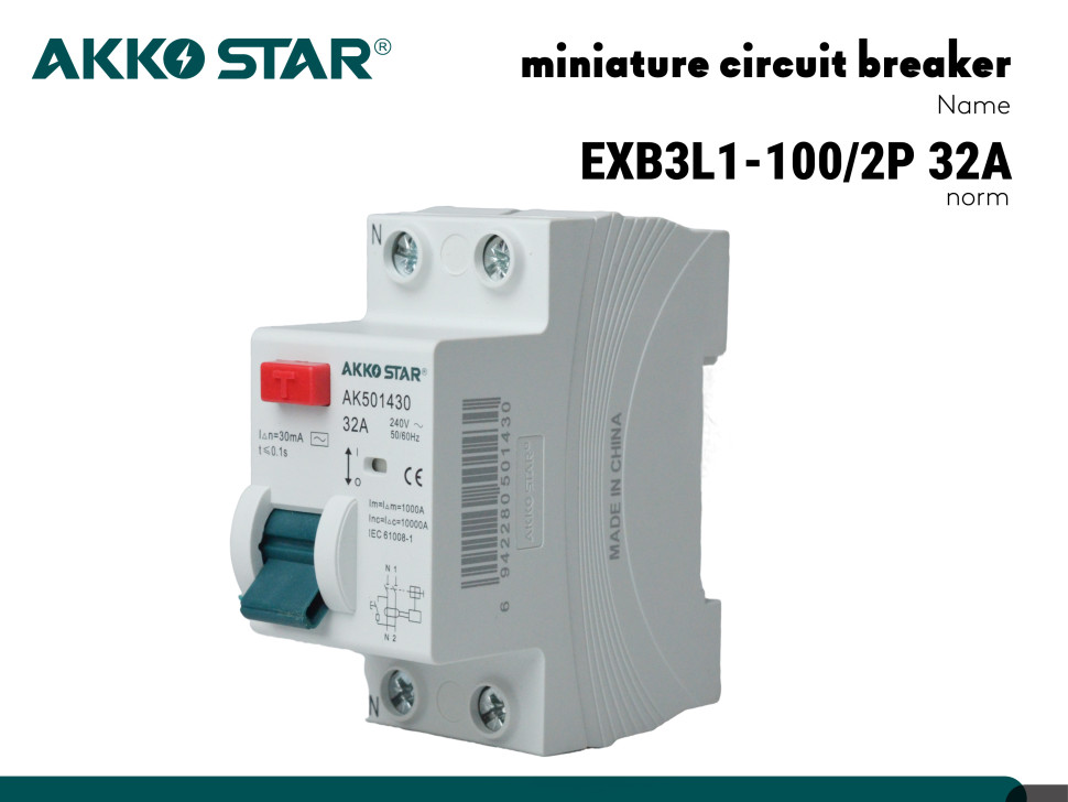 Выключатель диффиренциального тока (УЗО) AKKOSTAR двухполюсный EXB3L1-100/2P 32A